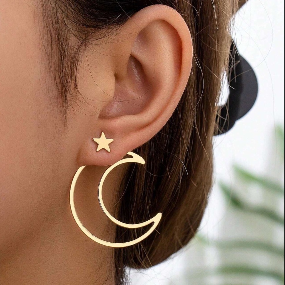 Gold Moon And Star Dangle Earrings